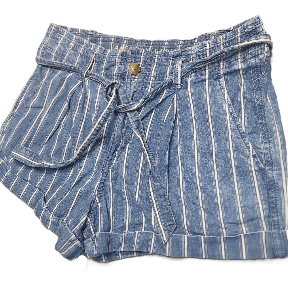 American Eagle Outfitters Blue and White Striped Tie-Waist Jean Shorts